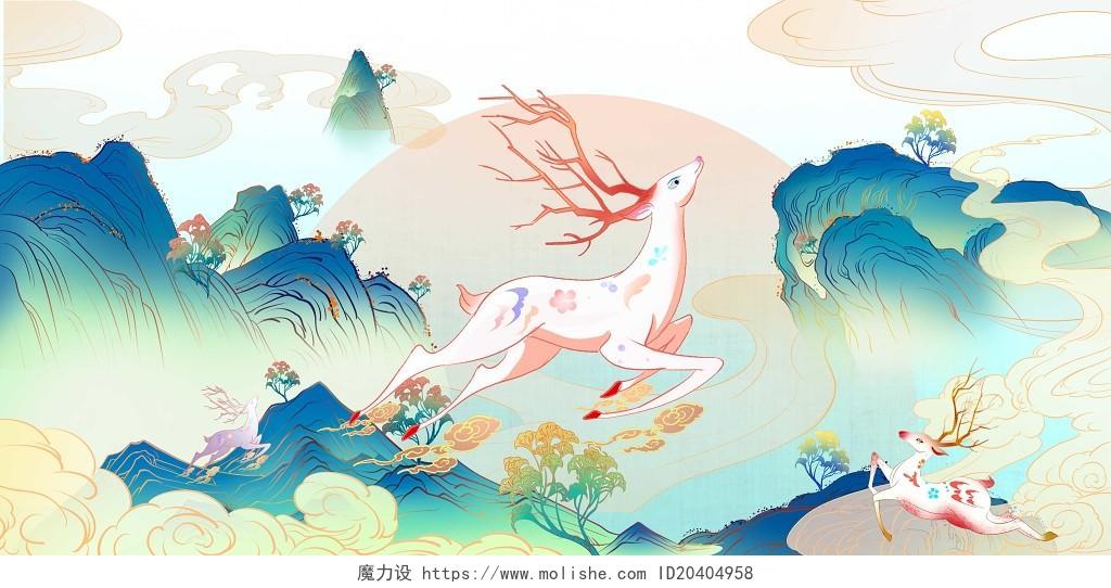 世界动物日国潮山水鹿原创插画海报素材
